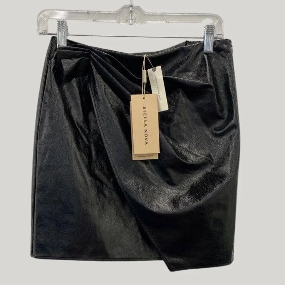 Stella Nova Margritt 999 Black Skirt Size 4 NWT EU Size 36 Draped vegan leather - Picture 2 of 6